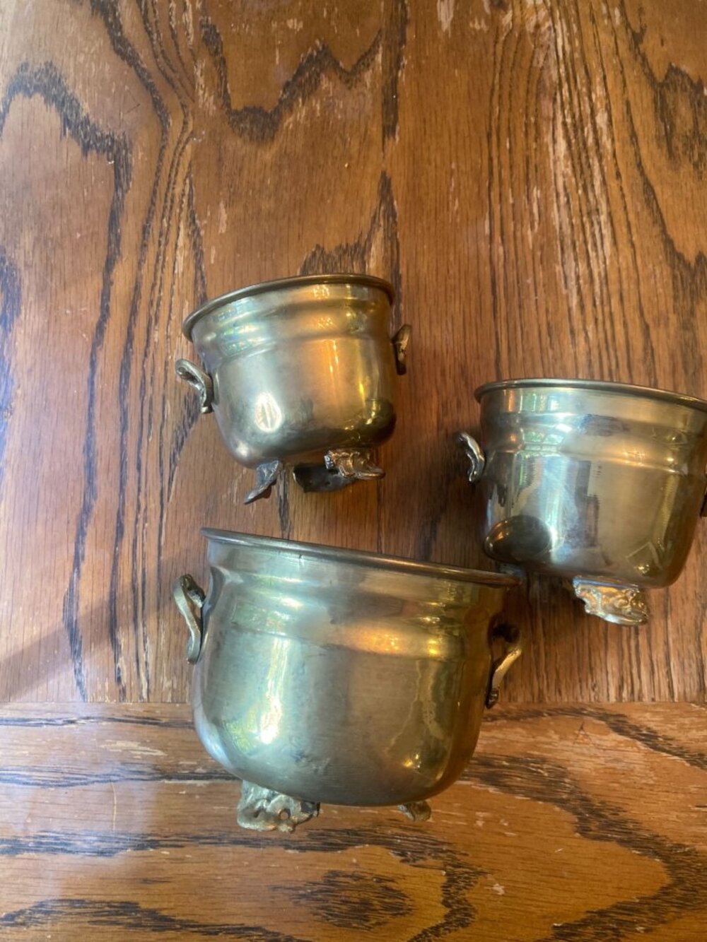 Vintage Footed Brass  Cauldrons Small Plant Holders - Set of Three - Made in Ind